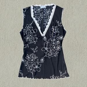 Sheer black and white floral lace trim babydoll top, fairycore whimsigoth Y2K
